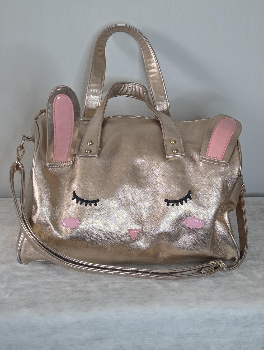 Under One Sky Adorable Gold Metallic Bunny Duffel Bag with Shoulder Strap